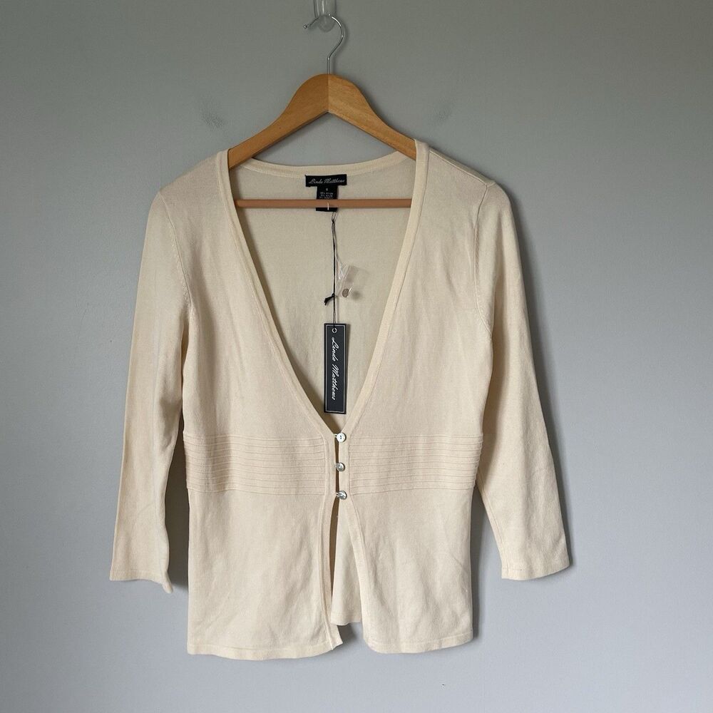 Linda Matthews Knit Cardigan Sweater 3/4 Sleeve Cream Beige Women's Size Small